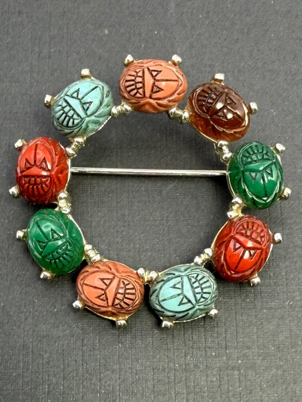 Vintage Carved Scarab Wreath Brooch Multicolor Gold Tone Egyptian Revival